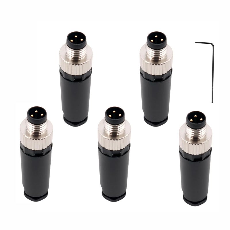 Elecbee 5PCS M8 3 Pin Connector Field Wireable A Code Industrial Circular Connector Straight Male Assemble Type Plug Non-Shield Connector, Outdoor Waterproof IP67 - Image 1